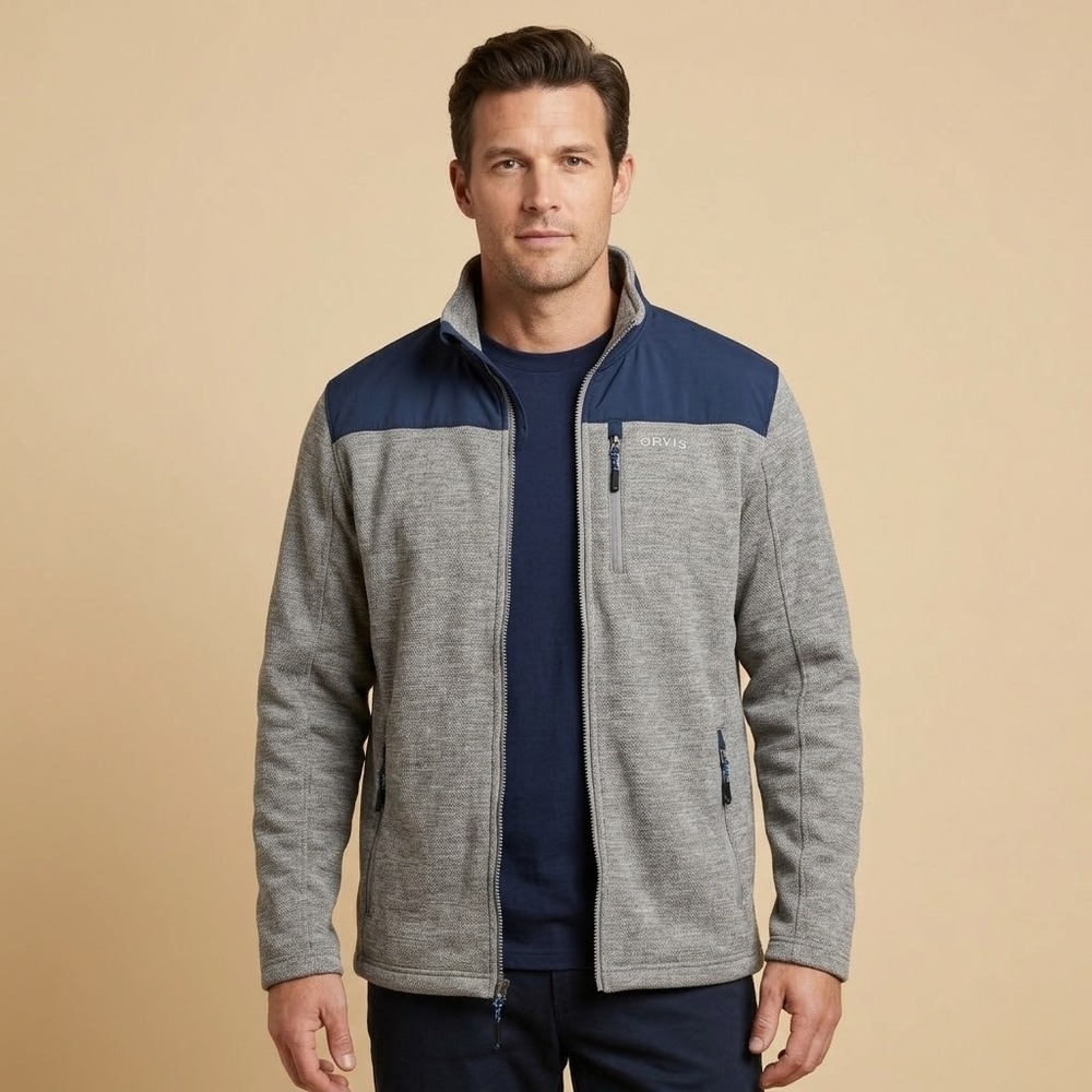Orvis Classic Hybrid Fleece Full Zip Jacket L Heathered Grey Navy‎ EUC